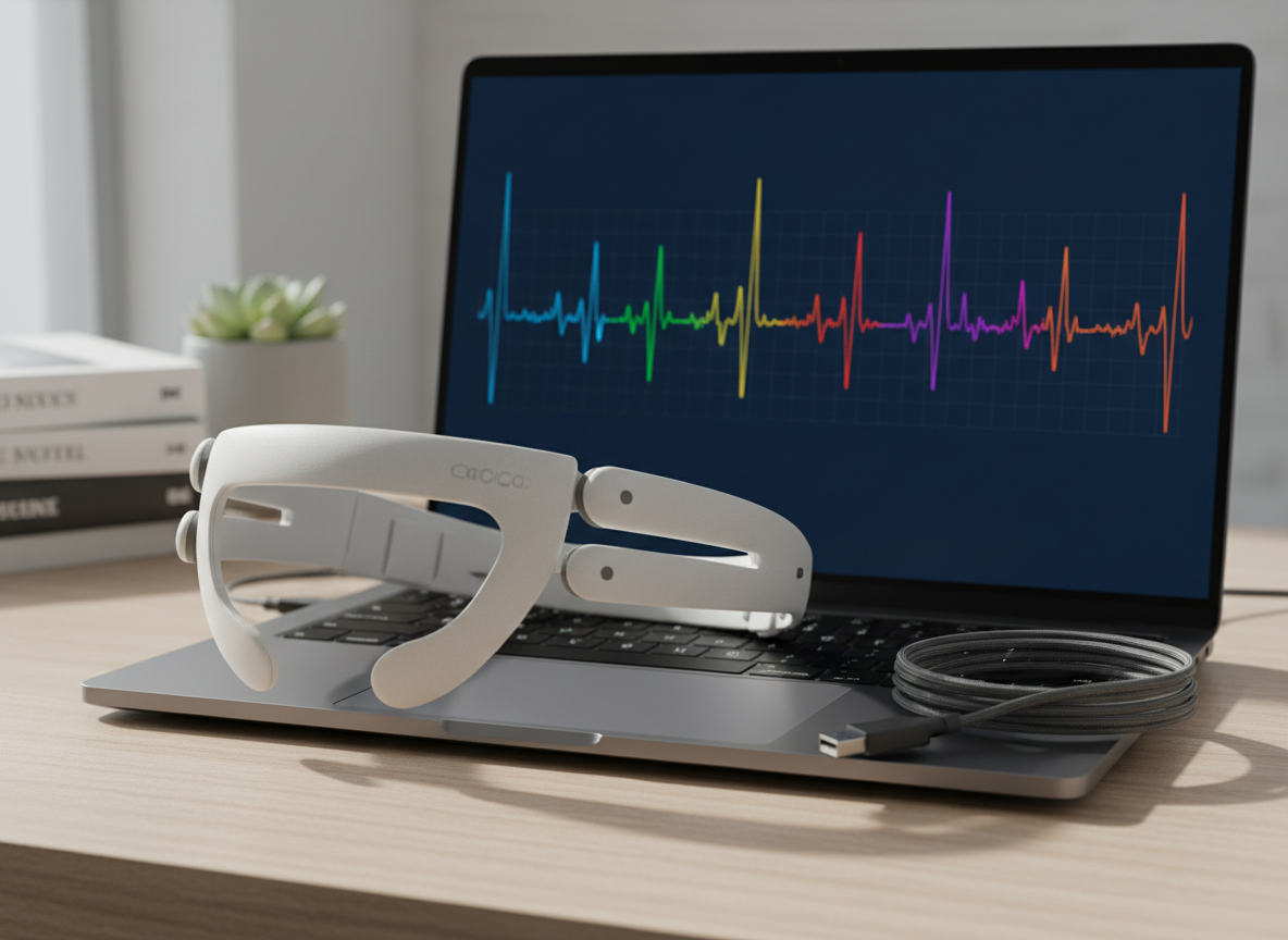 A sleek OpenBCI EEG headset made of matte white plastic with finely textured, adjustable sensor arms, resting on a dark graphite laptop beside a neatly coiled shielded USB cable. The laptop screen displays a clean, modern EEG waveform dashboard with multiple colored channels scrolling in real time against a deep navy background. Soft daylight from a nearby window washes across a light wood desk, creating subtle reflections on the headset’s curved surfaces and gentle shadows beneath the devices. Captured at eye level with a shallow depth of field that keeps the headset and screen in sharp focus while the background blurs. The mood is professional, precise, and methodical, with photographic realism and a minimalist, lab-ready aesthetic.