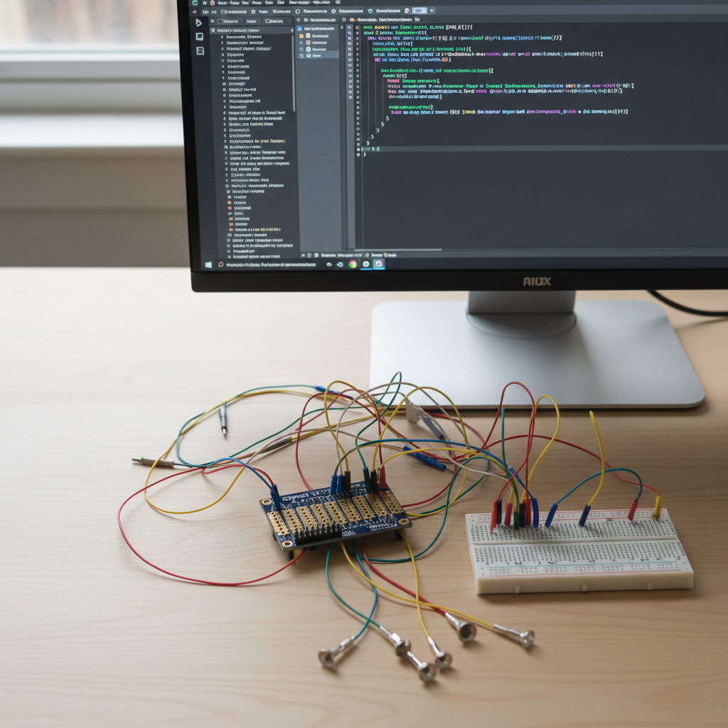 A close-up, top-down photographic view of a custom EEG prototyping workspace on a pale birch desktop. A compact OpenBCI board with exposed gold-plated pads and neatly soldered headers sits at the center, surrounded by color-coded jumper wires, a small breadboard, and labeled electrode leads. A high-resolution monitor in the upper edge of the frame shows a clean, modern IDE with EEG signal processing code in cool-toned syntax highlighting. Diffused overcast light from an unseen window creates even illumination, with soft shadows that define each component’s edges. The composition follows the rule of thirds, emphasizing technical clarity and order. The atmosphere is focused and quietly intense, perfect for deep engineering work in neurotechnology.