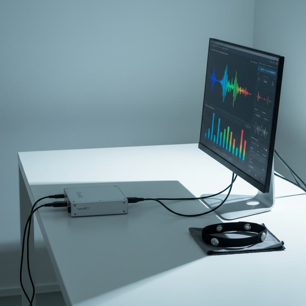 A high-contrast, photographic side view of a minimal neurofeedback setup on a clean white desk. A compact OpenBCI EEG amplifier in brushed aluminum housing connects via neatly routed cables to a slim monitor displaying a smooth, colorful neurofeedback interface with responsive bar graphs and animated brainwave bands. Next to it, a simple black headband with embedded dry electrodes rests on a folded microfiber cloth. Cool, directional LED lighting from the left creates precise highlights on the metal edges and faint reflections on the monitor glass, casting crisp shadows on the desk. The composition uses asymmetrical balance, with plenty of negative space to feel modern, clinical, and highly professional.